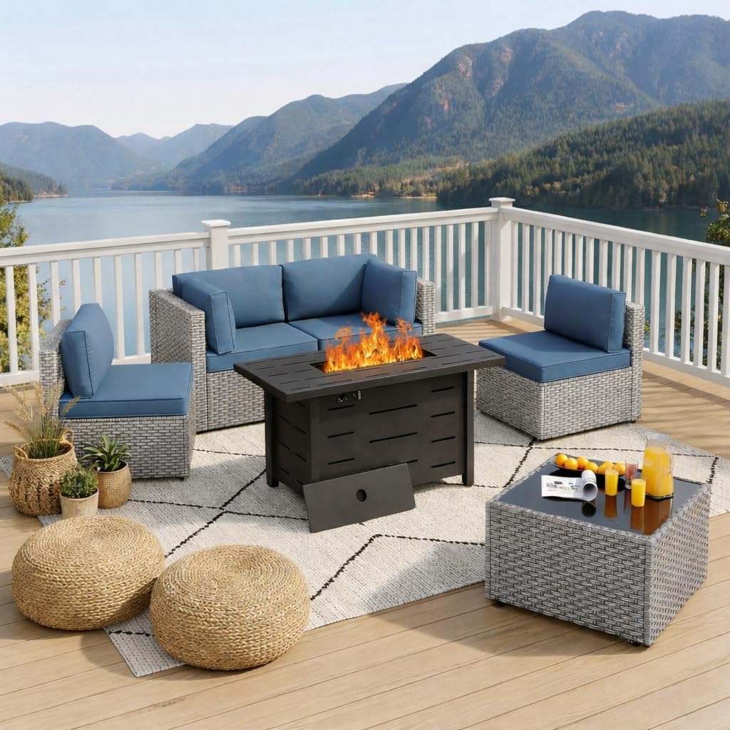 SUNLEI 5 Piece Outdoor Patio Furniture Set with Fire Pit Table, Silver PE Rattan Wicker Conversation Sofa Set with Blue Cushions, All Weather Sectional Patio Couch for Backyard, Deck, Garden, Porch