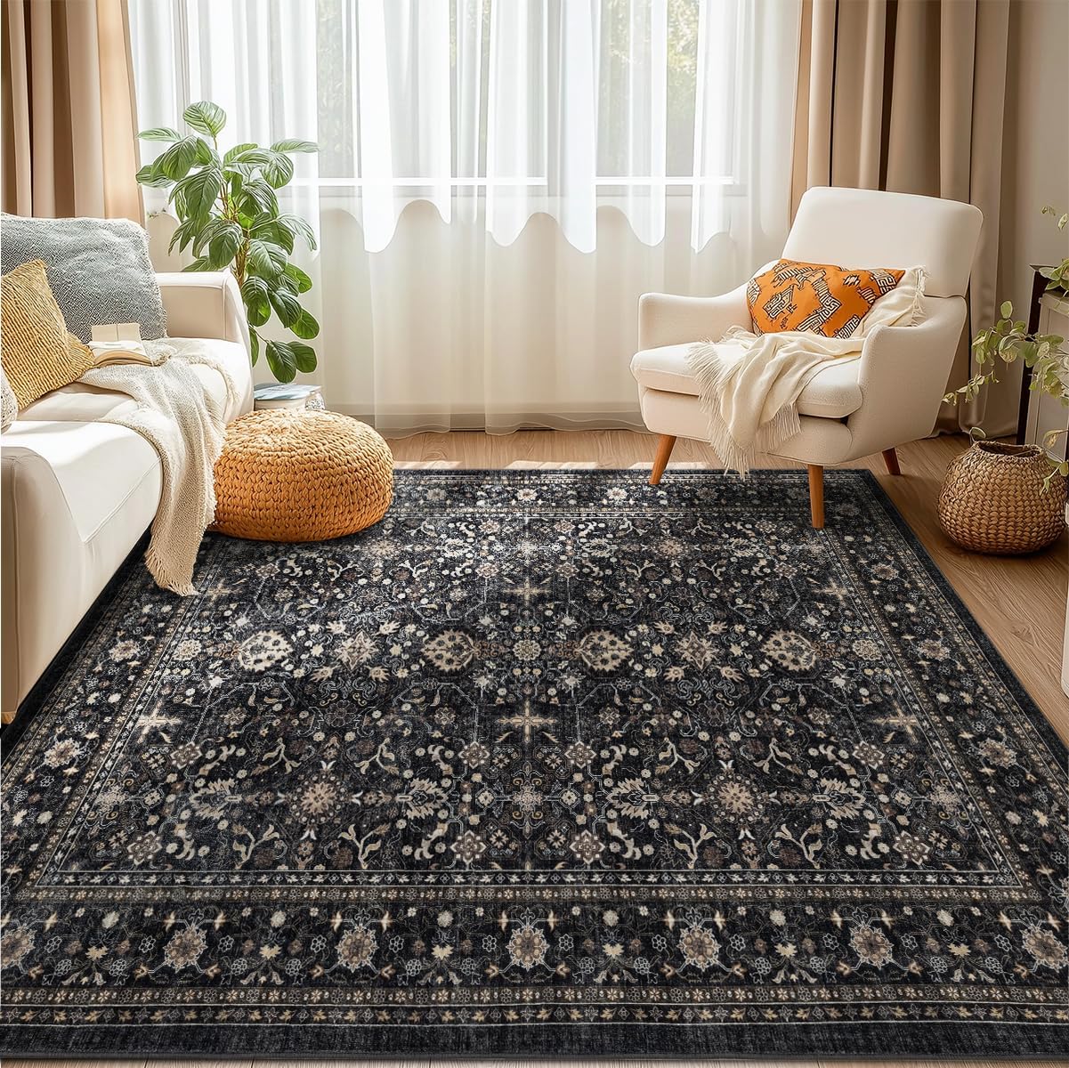 Ruaruarug Washable 10x14 Area Rug for Living Room, Bedroom, Ultra Soft Non Slip Stain & Fade Resistant, Pet & Kids Friendly, Suitable for High Traffic Areas Easy to Clean for Kitchen, Black Grey