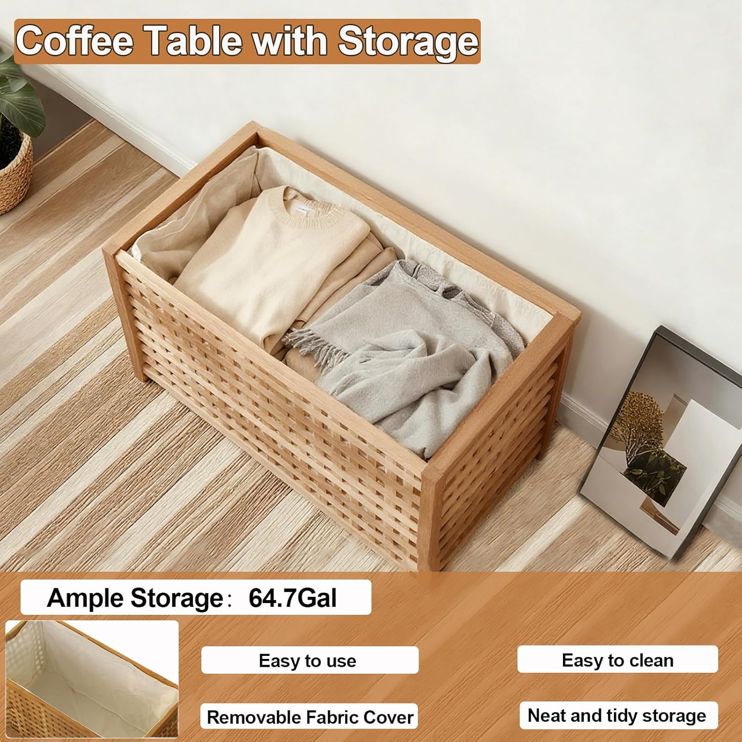 Solid Wood Entryway Bench with Storage, Large storage chest with Removable Bag, Wood Coffee Table for Living-room, Bedroom, Patio, DIY Bunny House, 39x20x20in