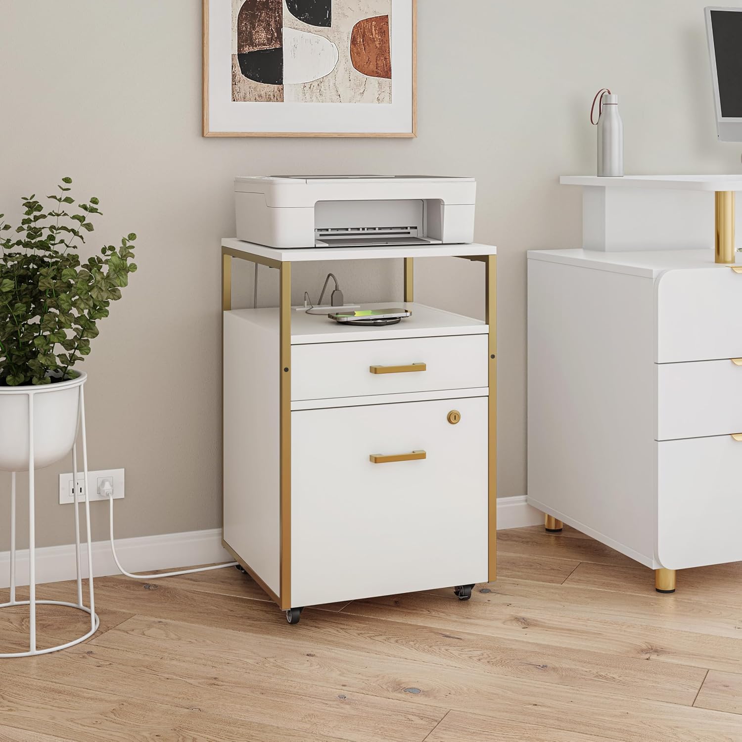 Modern 2-Drawer Rolling File Cabinet with Lock, 2 USB Ports and Power Outlet for Device Charging, Portable File Organizer or Printer Stand for Office or Home with Locking Wheels, White & Gold