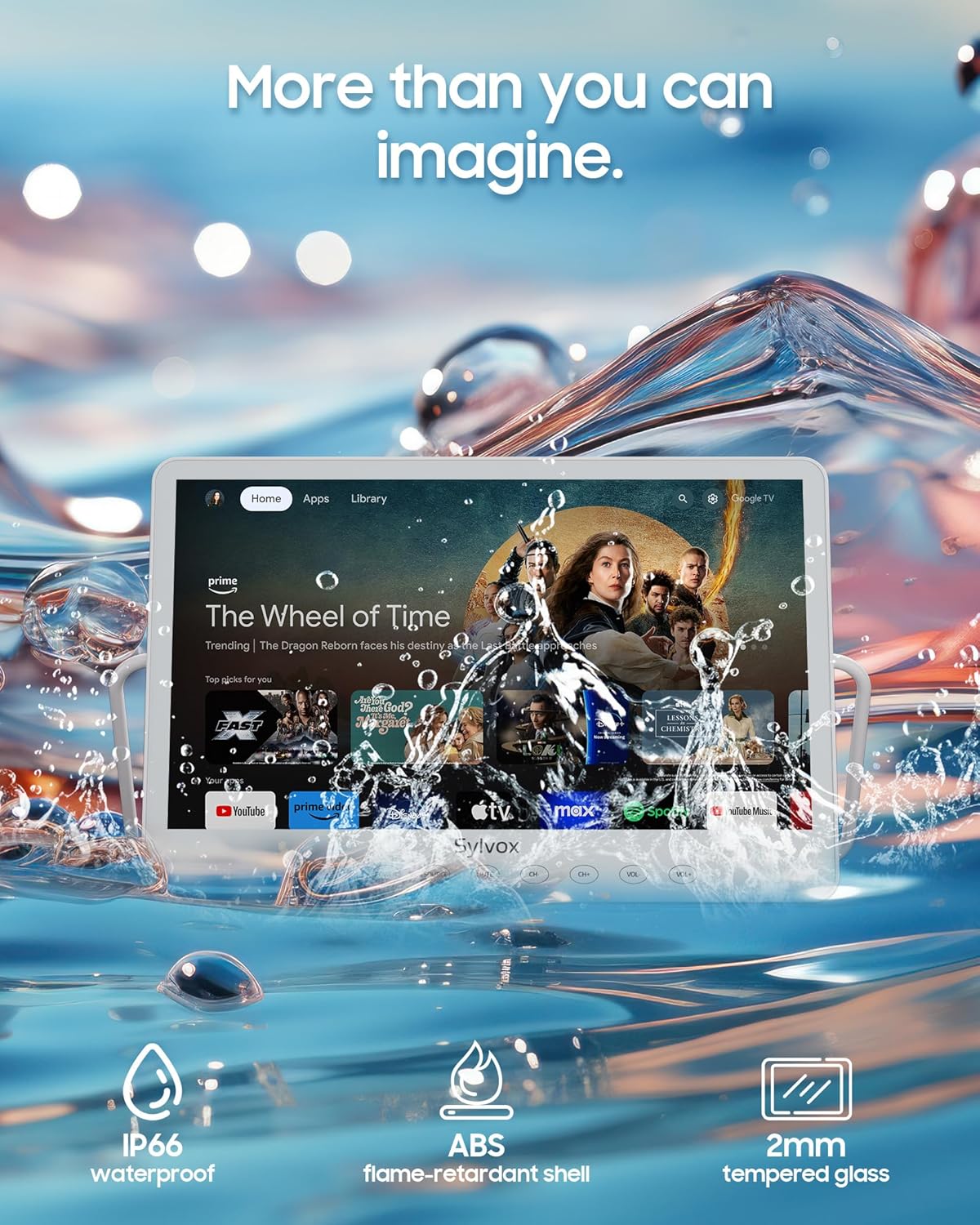 SYLVOX Waterproof Portable TV, 15.6" Shower TV 1080P Smart TVs for Bathroom, 10000mAh Rechargeable Battery Operated (4-6H Play Time), IP66 Waterproof, Voice Assistant, 360° Rotating Kickstand