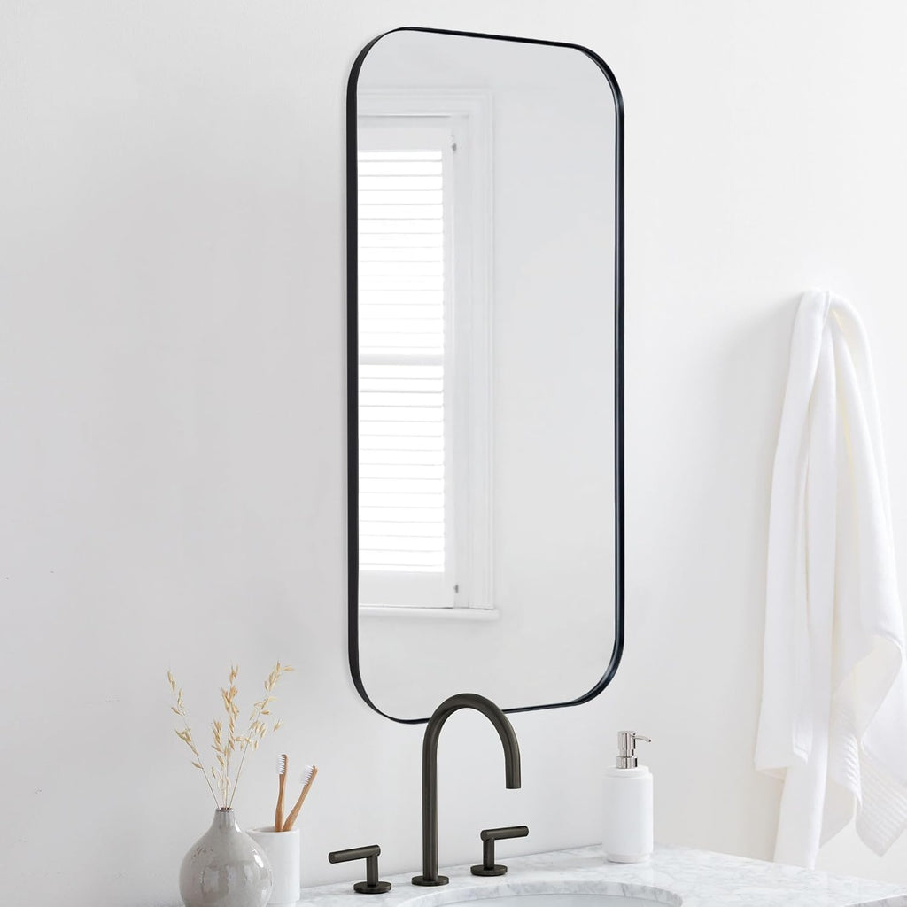 TEHOME Black Rectangle Long Bathroom Medicine Cabinet with Mirror Matt Black Recessed and Surface Mount Stainless Steel Metal Framed Rounded Rectangular Bathroom Cabinet with Mirror 20x40''