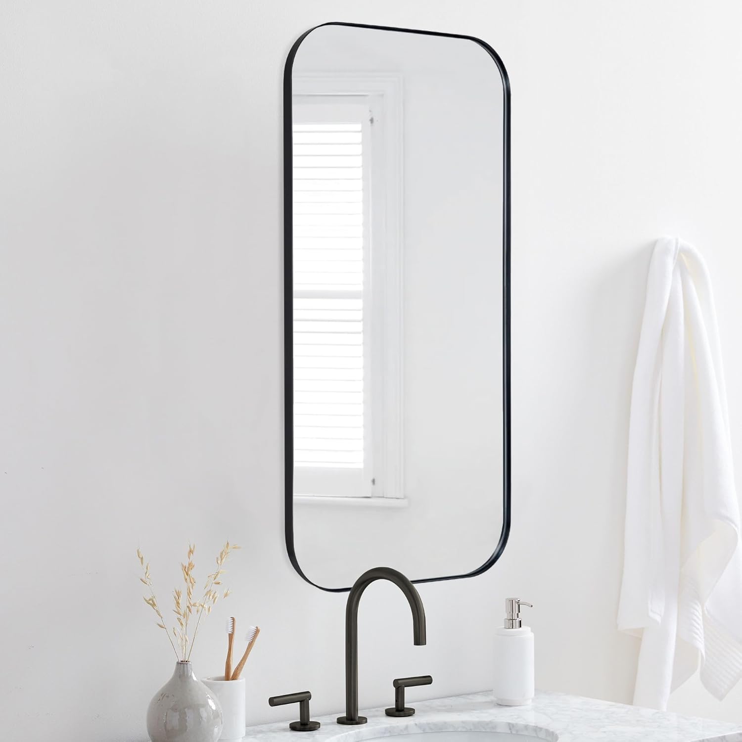 TEHOME Black Rectangle Long Bathroom Medicine Cabinet with Mirror Matt Black Recessed and Surface Mount Stainless Steel Metal Framed Rounded Rectangular Bathroom Cabinet with Mirror 20x40''
