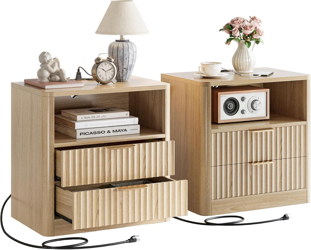 IRONCK Fluted Night Stand Set of 2, Modern Nightstand with Charging Station, Drawers and Open Shelves - Bedside Table Wood Side Table Set for Bedroom, Oak