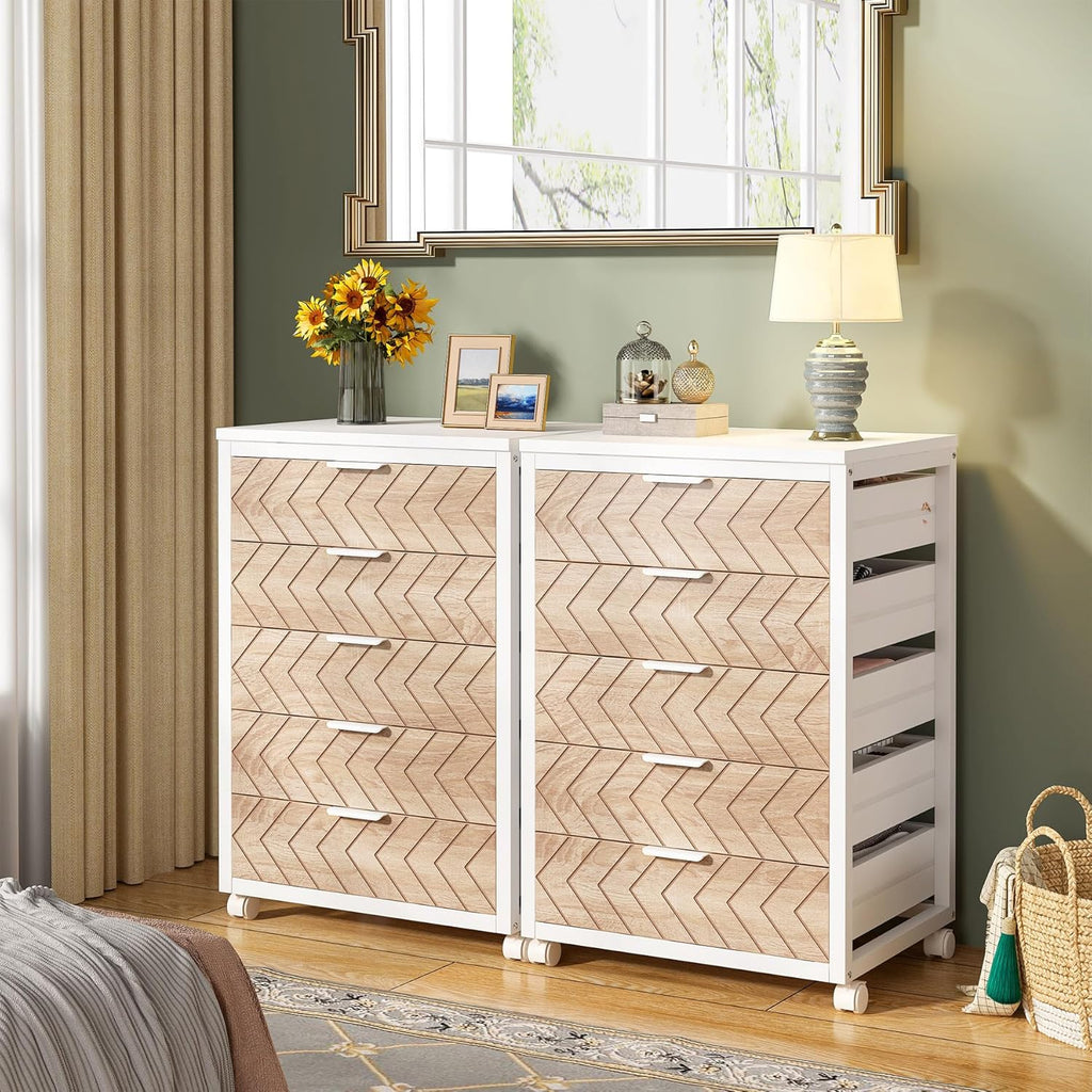 Tribesigns 5-Drawer File Cabinet, Wood Mobile Storage Drawer Unit, Industrial Office Cabinet with Drawers & Wheels, Rolling Printer Stand for Home Office, Beige & White
