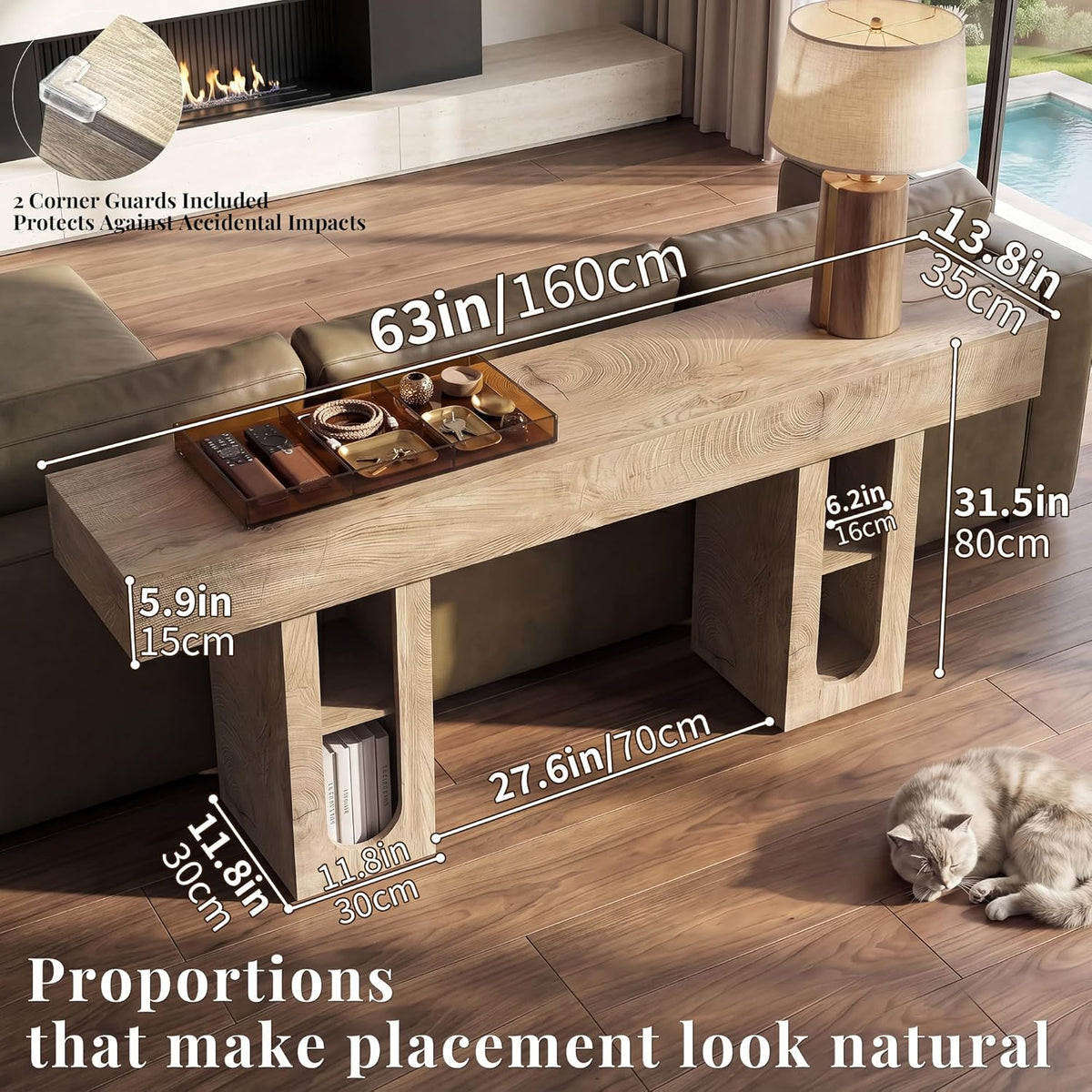 63 Inch Long Console Table with Outlet, Entryway Table with Storage Shelves, Thick Heavy Duty High Density MDF Farmhouse Sofa Table for Hallway Behind Couch,Living Room（Natural）