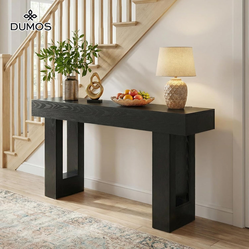 DUMOS 63 Inches Console Farmhouse Table for Entryway, Long Console Table Behind Couch, Solid Wood Narrow Entryway Table for Hallway, Living Room, Foyer, Entrance, Easy Assembly, Black