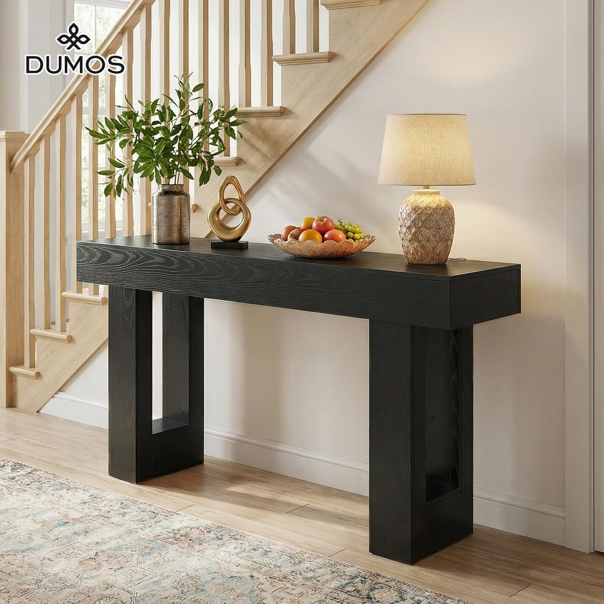 DUMOS 63 Inches Console Farmhouse Table for Entryway, Long Console Table Behind Couch, Solid Wood Narrow Entryway Table for Hallway, Living Room, Foyer, Entrance, Easy Assembly, Black