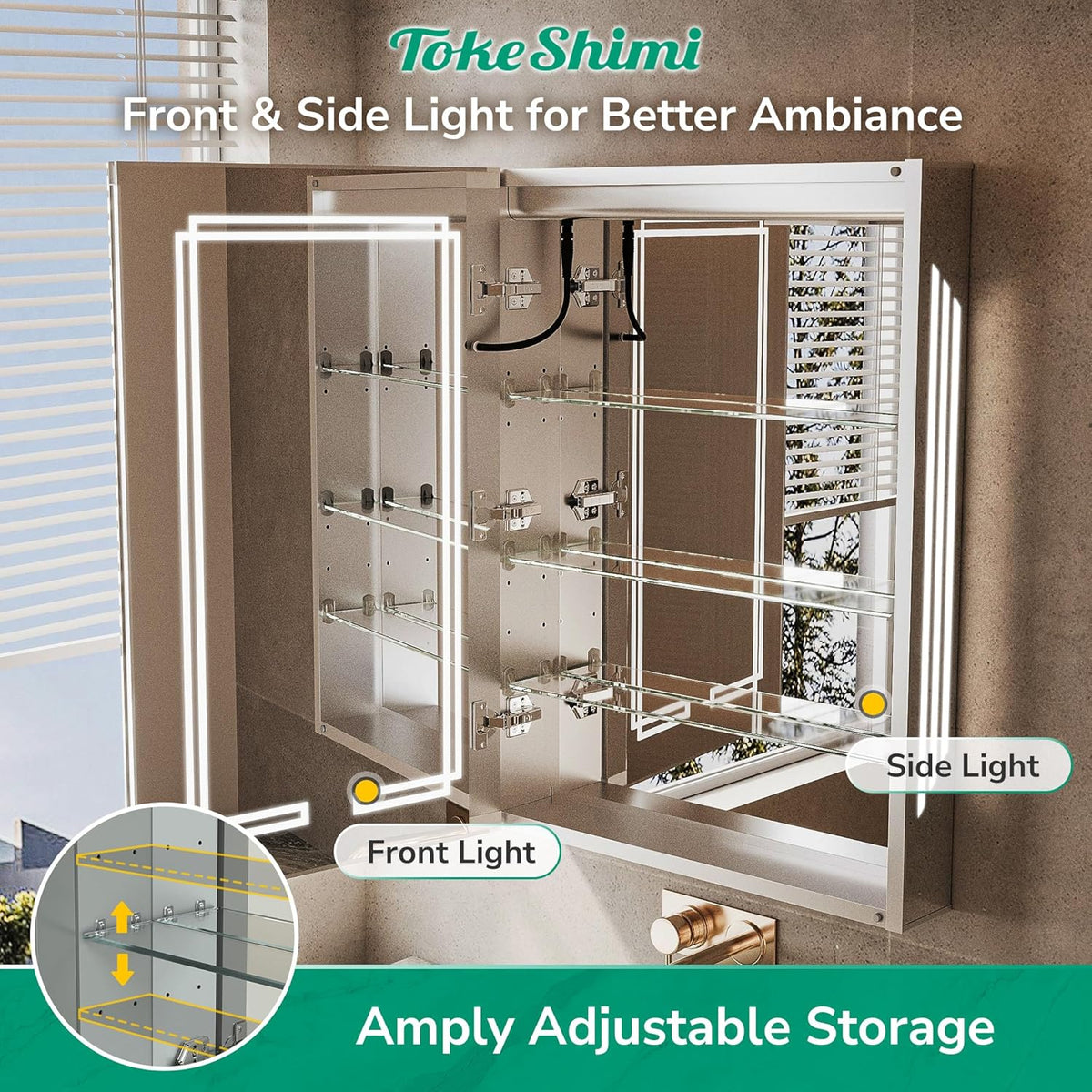 TokeShimi 48x32 Inch Lighted Medicine Cabinet, LED Medicine Cabinet with Lights, Wall-Mounted Bathroom Cabinet Mirror with 3 Color Temperature, Anti-Fog, CRI 80+, Memory Function, Tempered Glass