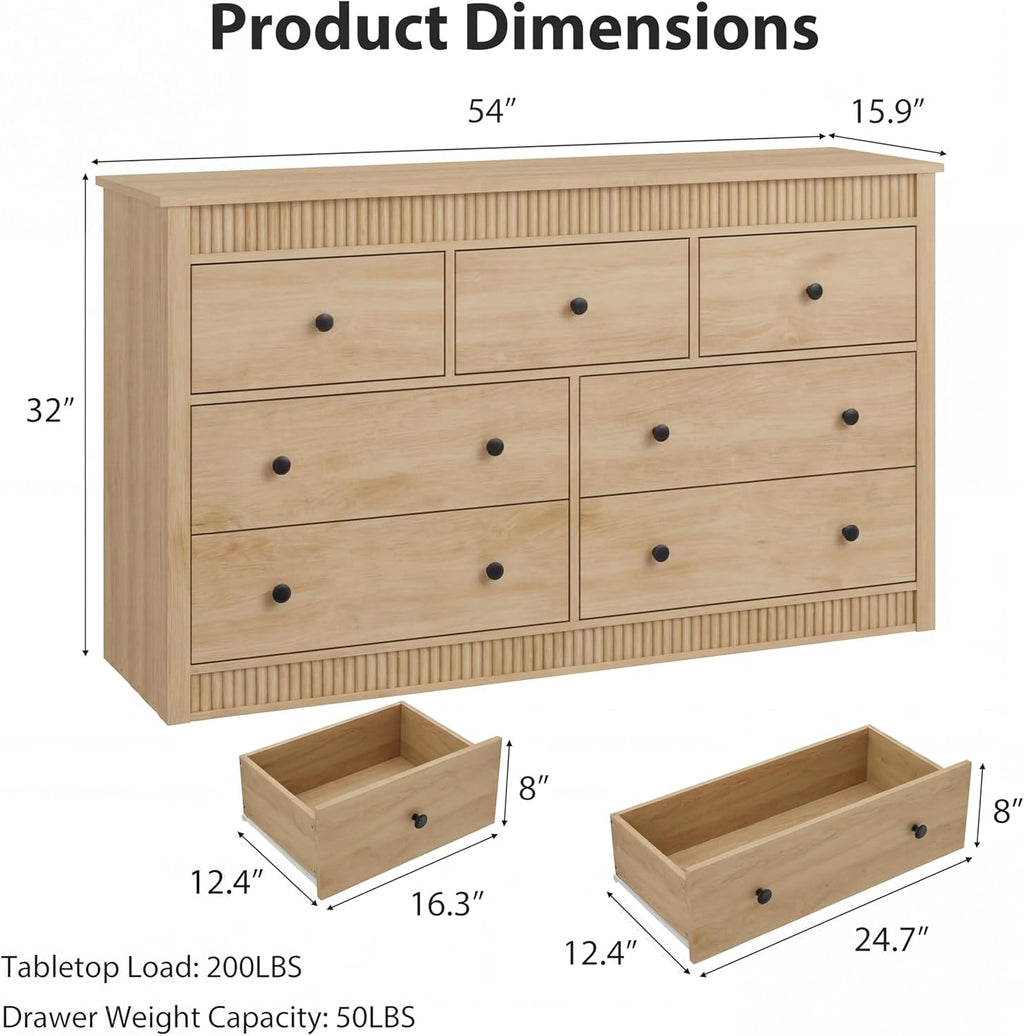 GarveeHome 7 Drawer Dresser for Bedroom, 54" Wide Fluted Wooden Chest of Drawers, Modern Long Storage Dresser Organizer for Living Room, Hallway, Entryway, Natural Oak