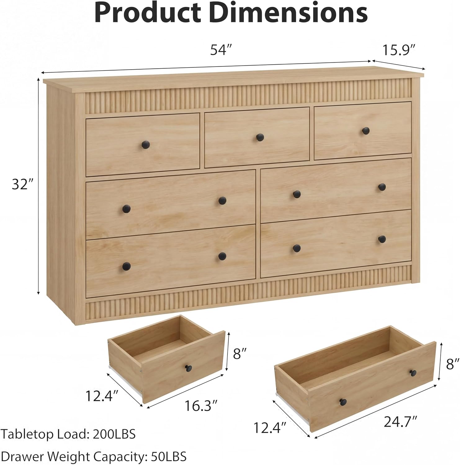 GarveeHome 7 Drawer Dresser for Bedroom, 54" Wide Fluted Wooden Chest of Drawers, Modern Long Storage Dresser Organizer for Living Room, Hallway, Entryway, Natural Oak