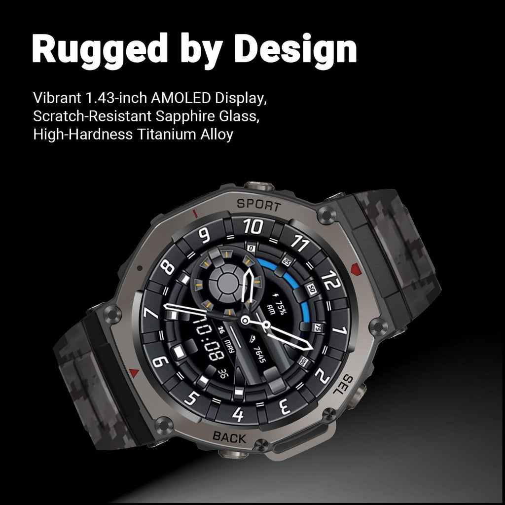 Outdoor GPS Smartwatch, 1.43" AMOLED Display, Titanium Alloy, 5ATM Waterproof, 22-Day Battery, 170+ Sport Modes, Compass, Heart Rate/SpO2/Stress/Sleep Monitor, for Android iOS Men Women (Camo Gray)