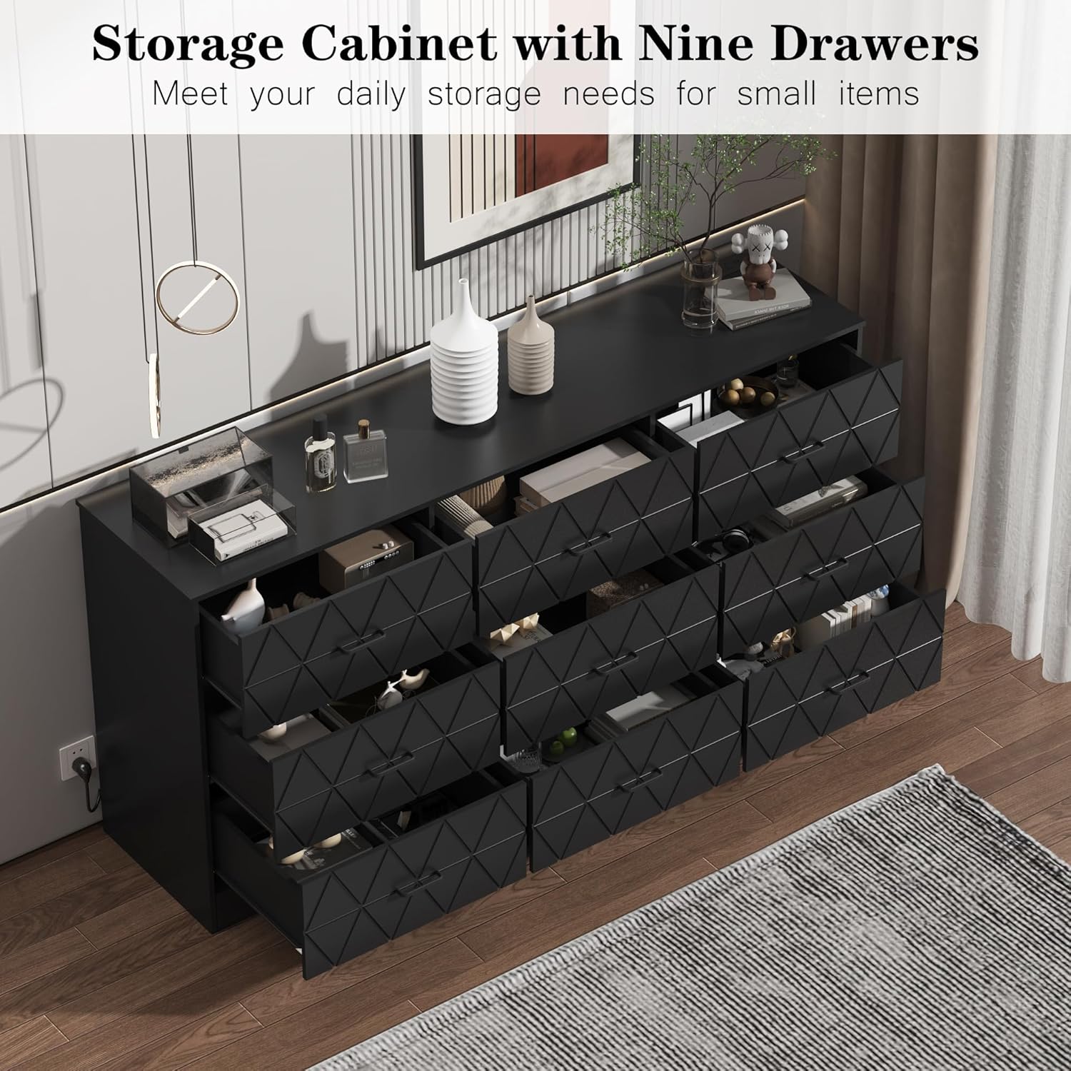 GAOMON 63'' Large Dresser for Bedroom with Power Outlet, 9 Drawers Dresser for Bedroom, Modern Chest of Drawers for Closet, Storage Organizer for Living Room, Hallway, Black