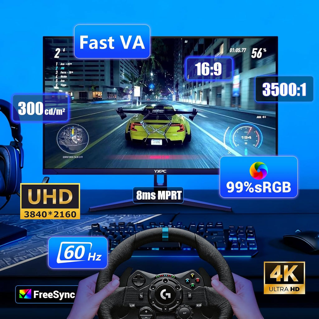 32 inch Gaming Computer Monitor 4K WQHD 3840 x 2160, 60hz,IPS Panel, 3500:1,AMD FreeSync Premium, 99% sRGB,HDMI, Display Port, Eye Saver/Flicker Free Mode, Compatible with Wall mounting 75 x 75MM