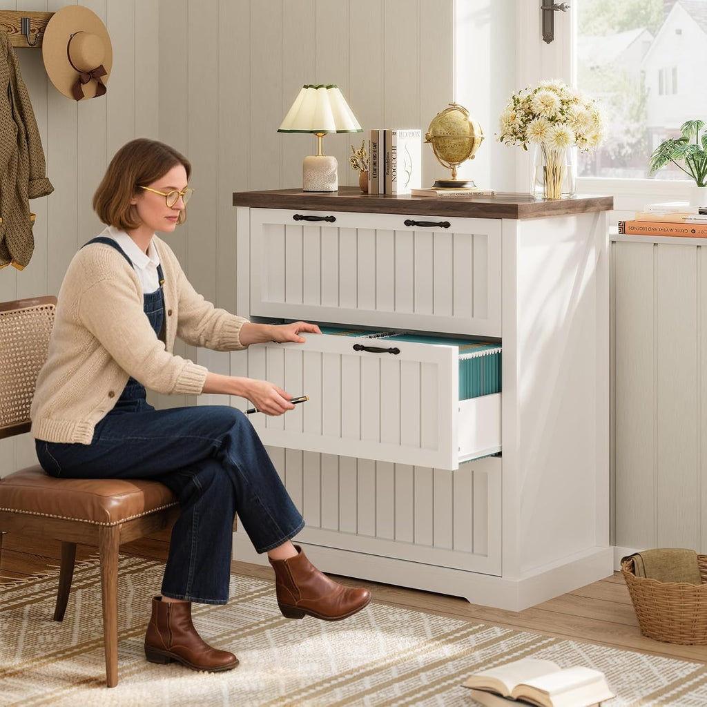 SEDETA 3 Drawer File Cabinet, Farmhouse Filing Cabinet for Home Office, Wood Office File Cabinets for Letter/Legal/A4 Size, Lateral File Cabinets with Printer Stand, White + Brown
