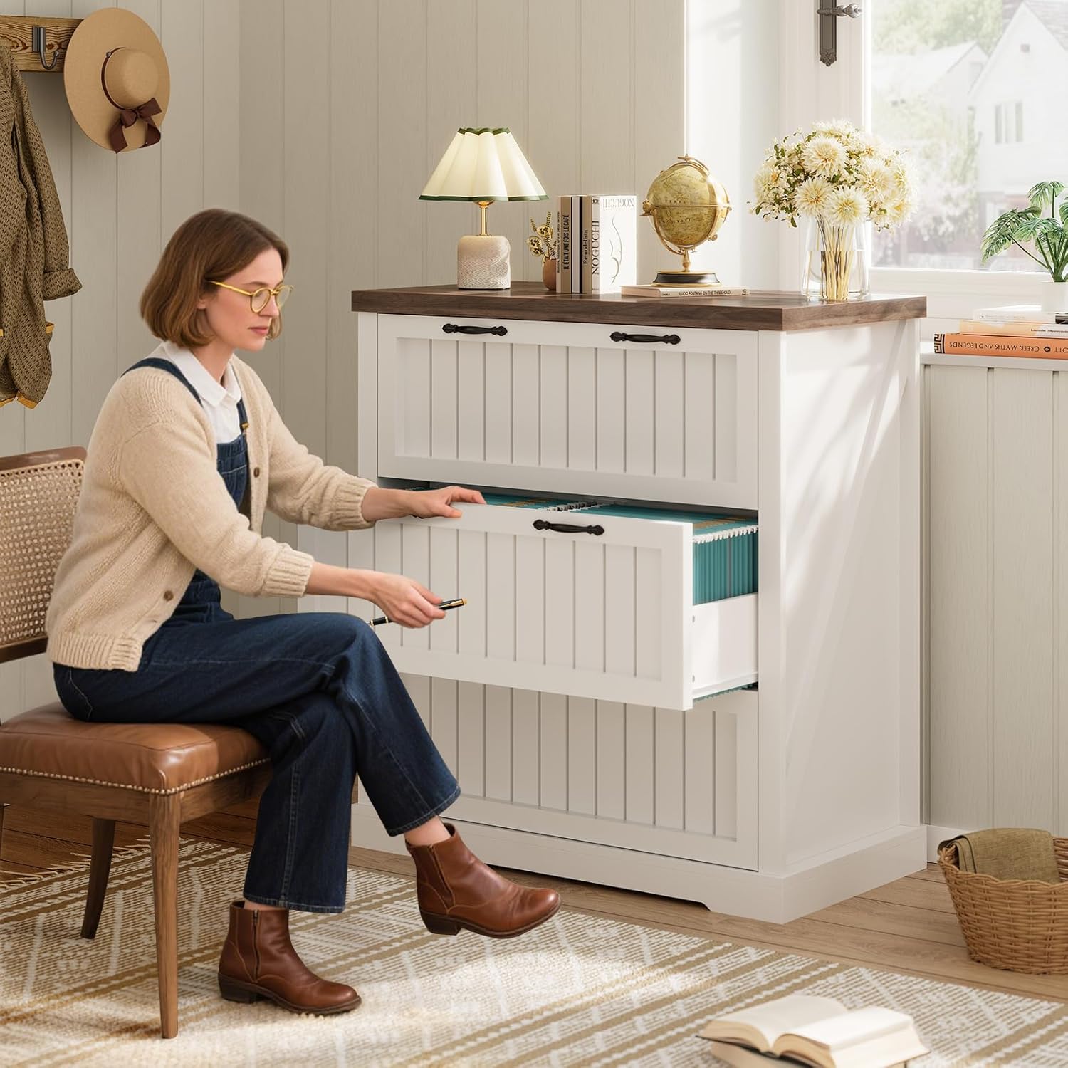 SEDETA 3 Drawer File Cabinet, Farmhouse Filing Cabinet for Home Office, Wood Office File Cabinets for Letter/Legal/A4 Size, Lateral File Cabinets with Printer Stand, White + Brown