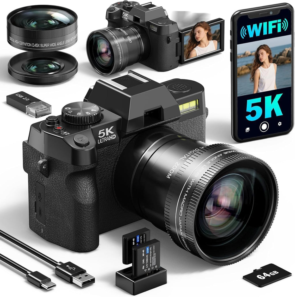5K Digital Camera for Photography, 64MP Vlogging Camera Kit with 180 Flip Screen, Compact Camera with 64GB TF Card, WiFi, and Wide-Angle & Macro Lens, Autofocus 16X Zoom for Beginners (Black)