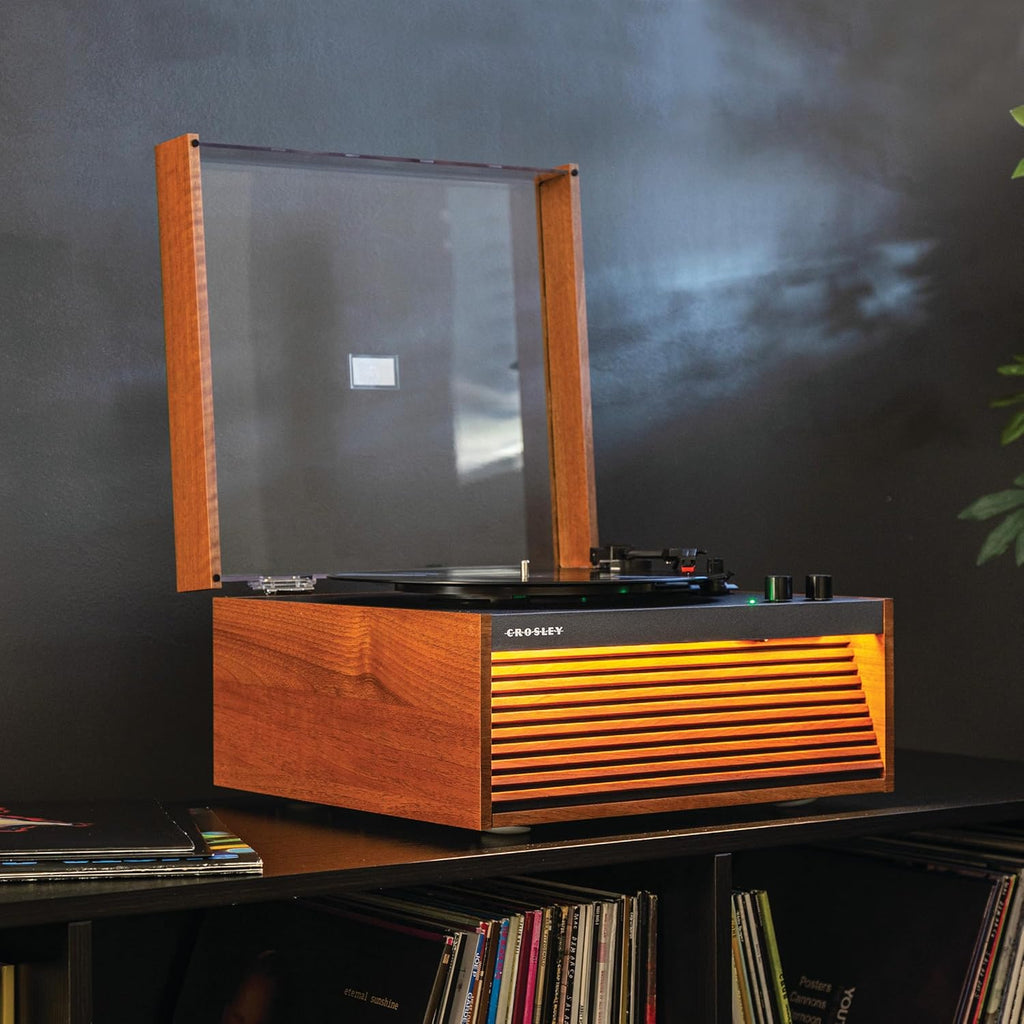 Crosley CR6237A-NA Dean 3-Speed Bluetooth in/Out Vinyl Record Player Turntable with Built-in Speakers, LED Lights and Detachable Legs, Natural