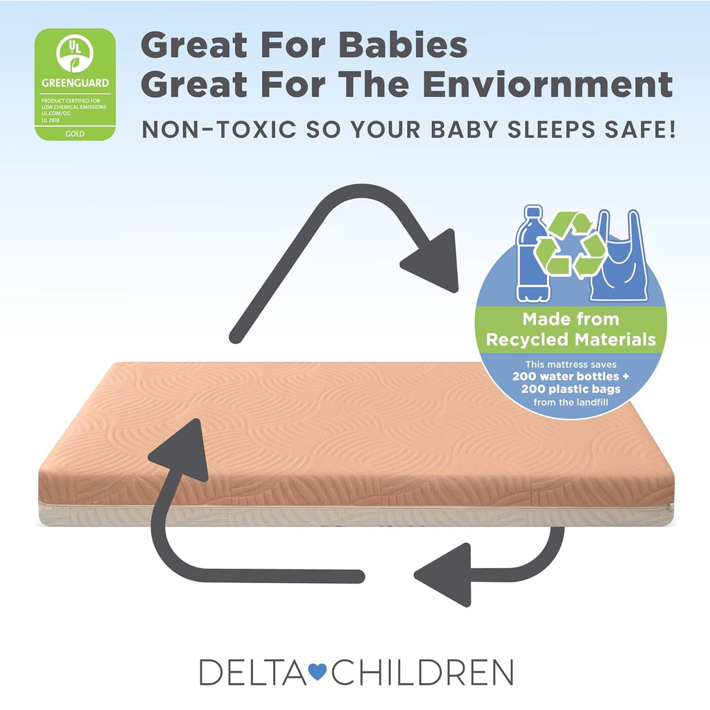 Delta Children Summer Breeze Mattress - Breathable Baby Crib & Toddler Mattress with Cloud Core - Machine Washable Cover - GREENGUARD Gold – Waterproof - Sustainably Sourced Core, Apricot/White