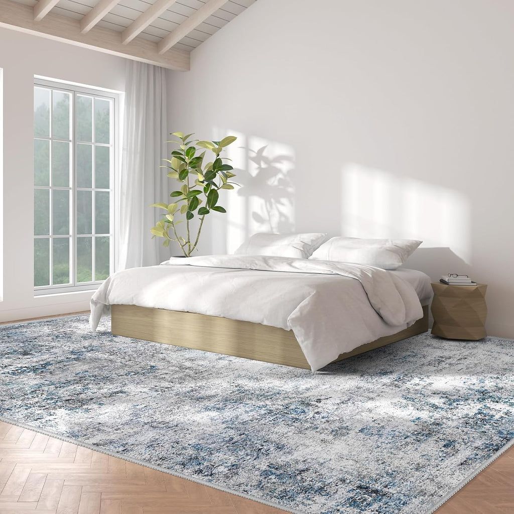 Abstract 10x14 Washable Rug: Modern Non Slip Area Rug Soft Carpet Foldable Distressed Stain Resistant Neutral Rugs for Living Room Bedroom Decor Large Indoor Farmhouse Rug 10'x14' Blue Gray