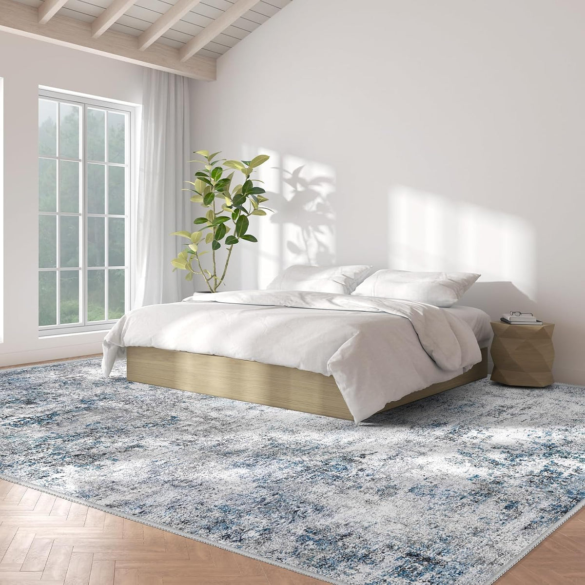 Abstract 10x14 Washable Rug: Modern Non Slip Area Rug Soft Carpet Foldable Distressed Stain Resistant Neutral Rugs for Living Room Bedroom Decor Large Indoor Farmhouse Rug 10'x14' Blue Gray