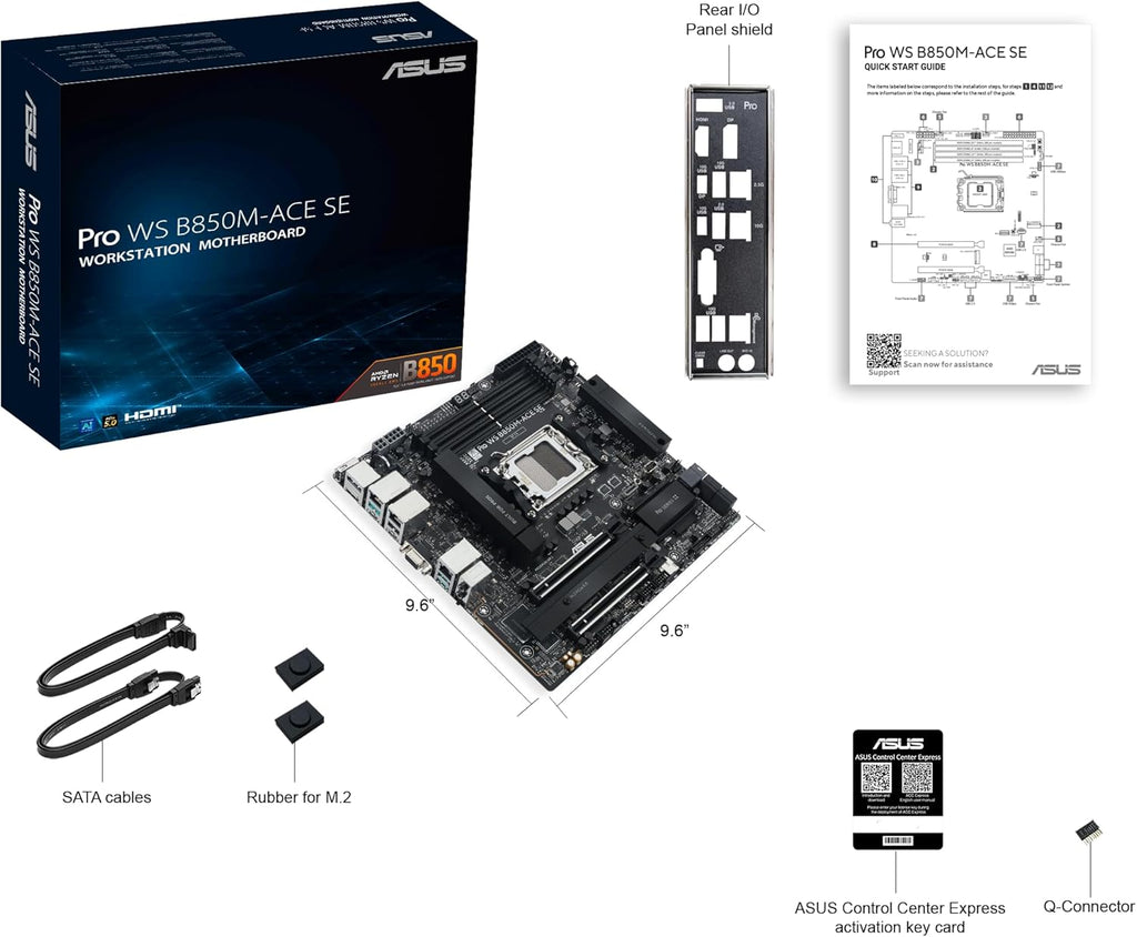 ASUS Pro WS B850M-ACE SE AMD AM5 B850 mATX MicroATX Business motherboard, PCIe 5.0 x 16, DDR5, 2x PCIe 5.0 M.2, PCIe 5.0 MCIO, U.2, 10G & 2.5G LAN, USB4®, ASUS Control Center Express Remote Management