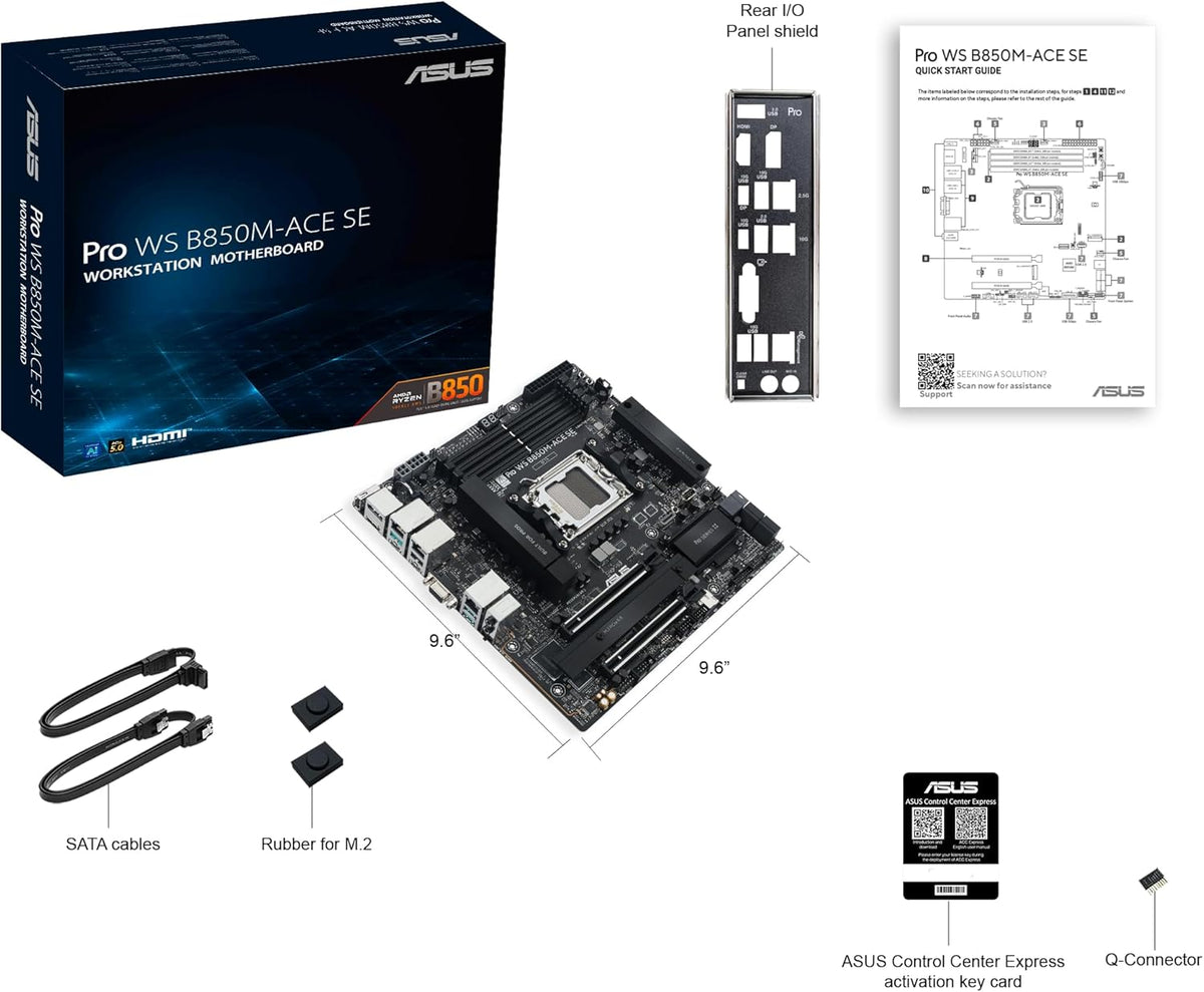 ASUS Pro WS B850M-ACE SE AMD AM5 B850 mATX MicroATX Business motherboard, PCIe 5.0 x 16, DDR5, 2x PCIe 5.0 M.2, PCIe 5.0 MCIO, U.2, 10G & 2.5G LAN, USB4®, ASUS Control Center Express Remote Management