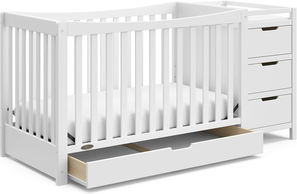 Graco Remi 4-in-1 Convertible Crib & Changer – GREENGUARD Gold Certified, Fits Standard Crib Mattress, Converts to Toddler Bed and Full Bed, 4 Adjustable Mattress Heights (White)
