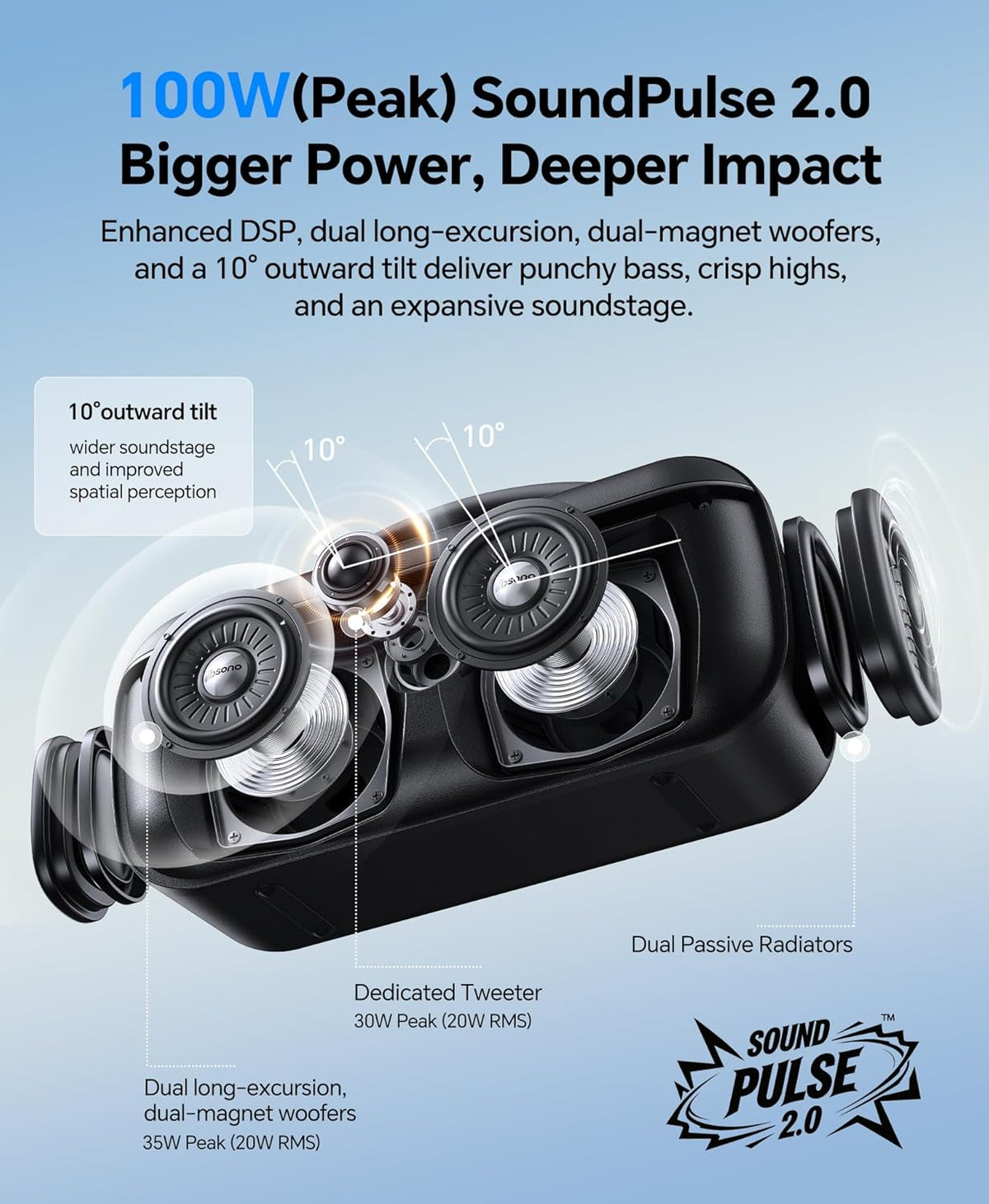dbsono Portable Bluetooth Speaker Wireless: 100W(Peak) SoundPulse 2.0 with BassBoost, Waterproof Loud Party Speakers, Unlimited Pairing, TWS for Outdoor/Indoor, Beach Vacation Essential, Black