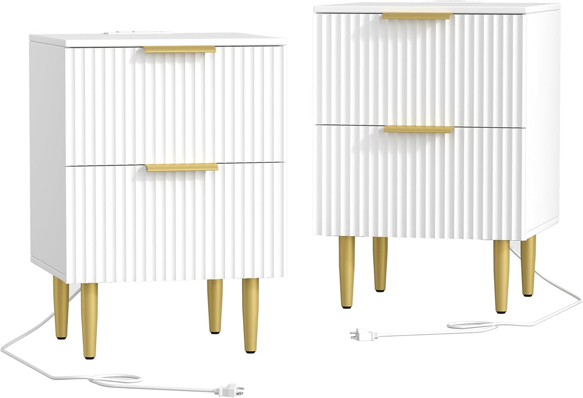 Akxomel White Nightstand Set of 2, Fluted Night Stand with Charging Station, 13.8" D x 15" W x 23.2" H, 2 Drawers Modern Bedside Table with USB Ports and Outlets, Golden Side Table for Bedroom