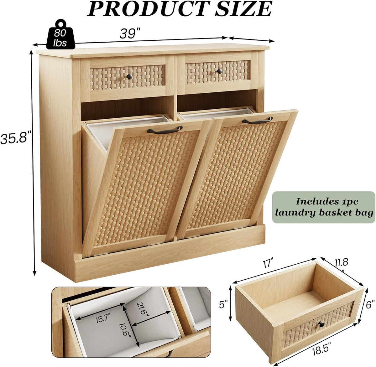 Double Tilt Out Laundry Hamper Cabinet, Rattan-Style Laundry Room Organization with Removable Laundry Basket, Hidden Wood Dirty Clothes Hamper with Drawers, 39" L x 13" W x 35.8" H, Wood