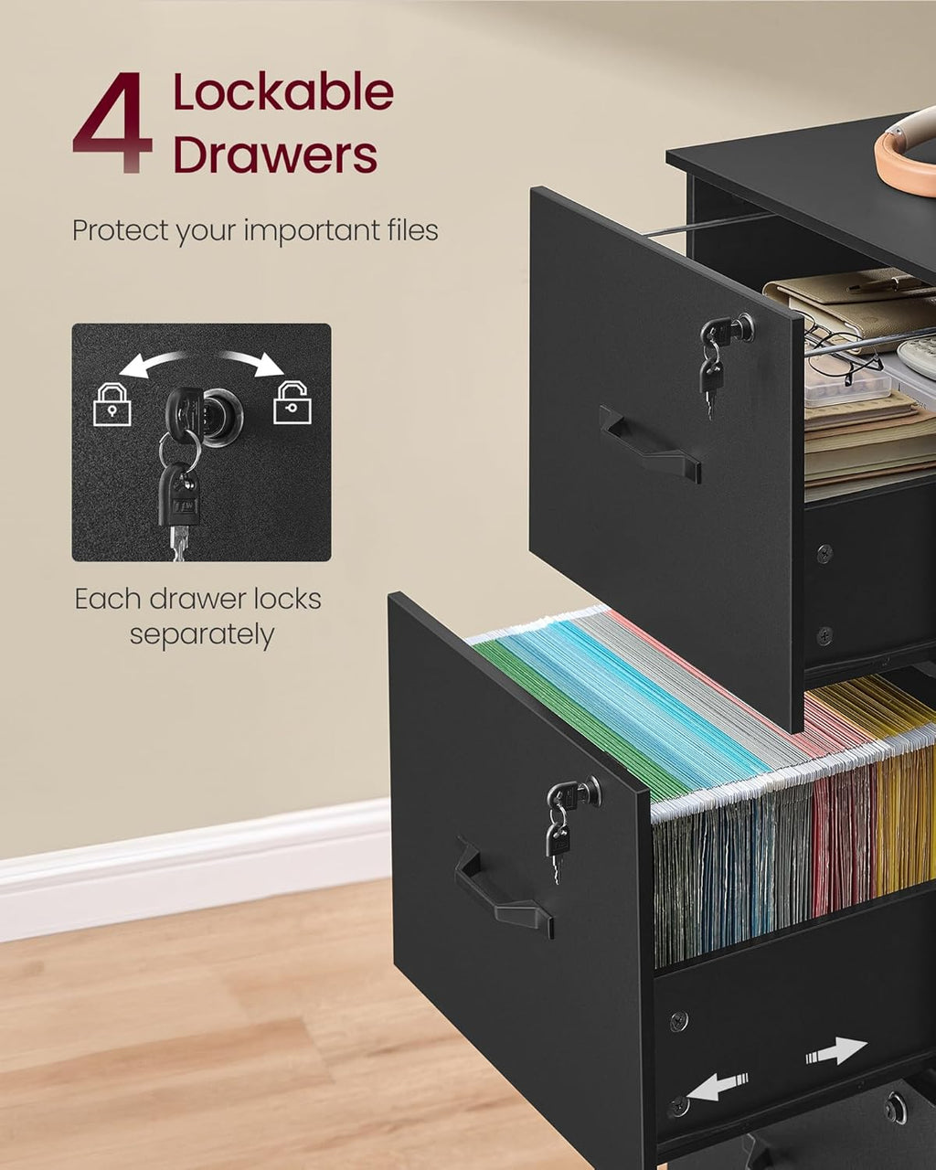 VASAGLE 4-Drawer Vertical File Cabinet, Filing Cabinet for Home Office, Printer Stand, with 4 Lockable Drawers, Adjustable Hanging Rail, for A4 and Letter-Size Files, Ink Black UOFC082B01
