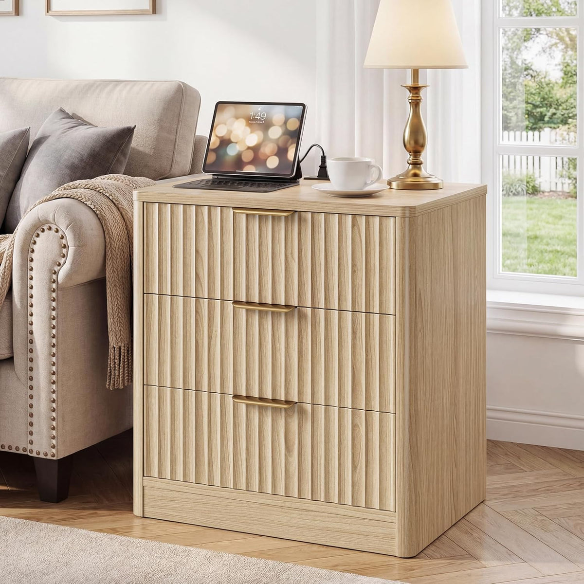 IRONCK Fluted Night Stand Set of 2, 22" Modern Nightstand with Charging Station & 3 Drawers, Bedside Table for Bedroom, Natural Oak