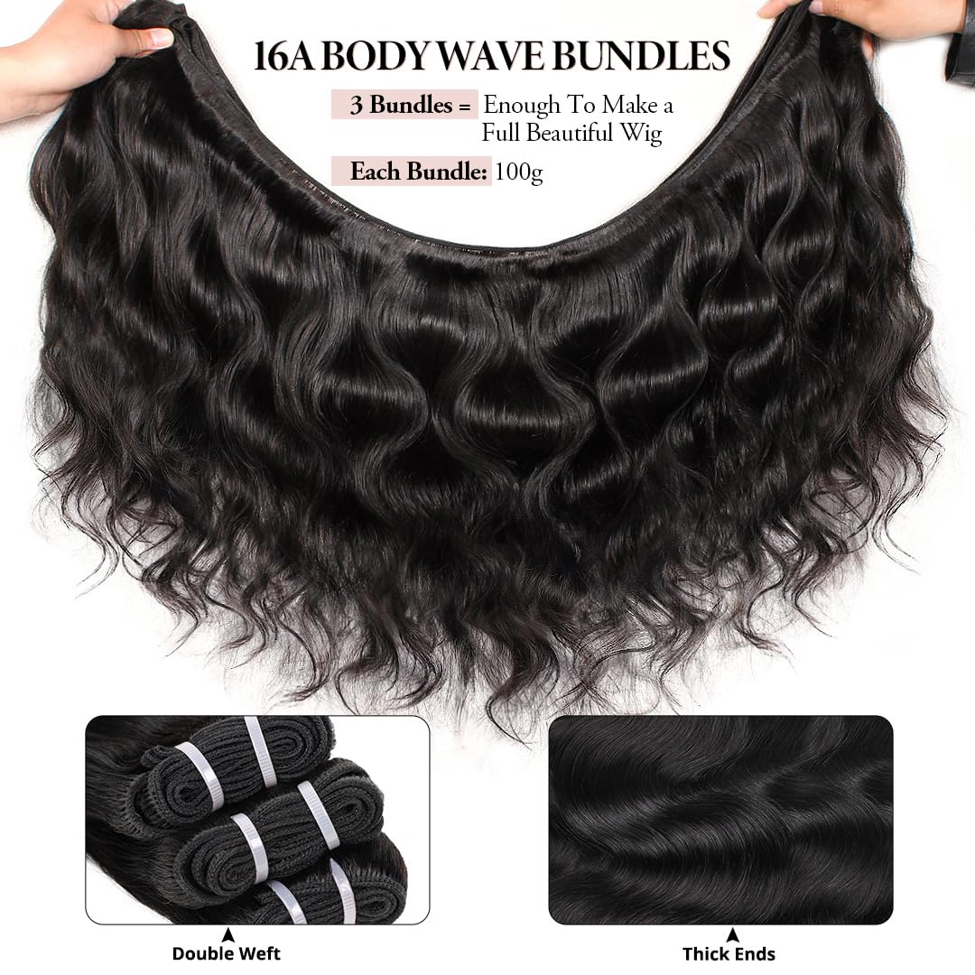 16A Raw Brazilian Body Wave Bundles Human Hair, 100% Unprocessed Virgin Remy Hair, Double Wefts, Silky Soft Glossy, Triple Lifespan, Natural Black 18 20 22 Inch