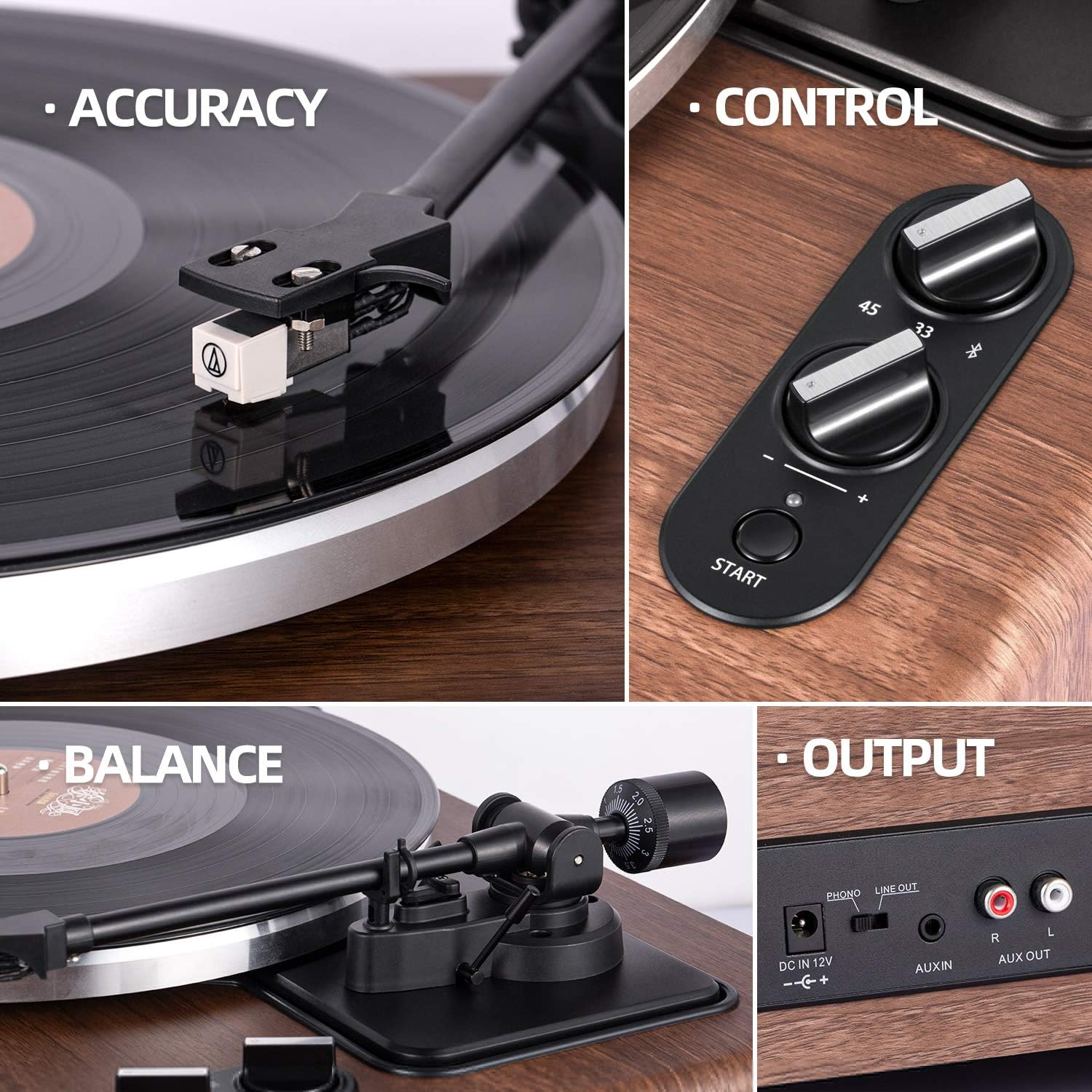 1 BY ONE High Fidelity Belt Drive Turntable with Built-in Speakers, Vinyl Record Player with Magnetic Cartridge, Wireless Playback and Aux-in Functionality, Auto Off