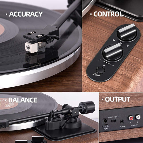 1 BY ONE High Fidelity Belt Drive Turntable with Built-in Speakers, Vinyl Record Player with Magnetic Cartridge, Wireless Playback and Aux-in Functionality, Auto Off