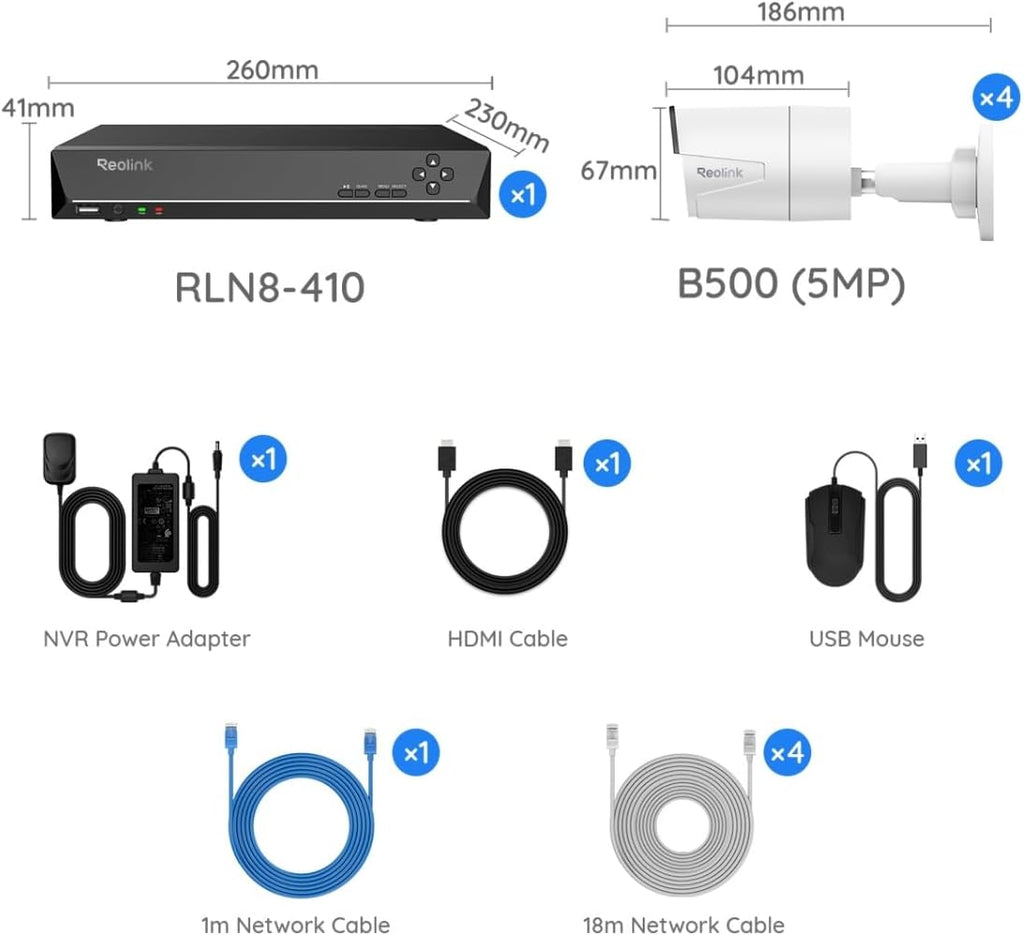 REOLINK 8CH 5MP Security Camera System, 4pcs Wired PoE Cameras for Home Security Outdoors, Smart Person/Pet/Vehicle Detection, 4K 8CH NVR with 2TB HDD for 24-7 Recording, RLK8-410B4-5MP White