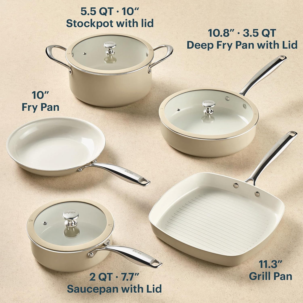 Pyrex 8-Piece Ceramic Cookware Set, Pots and Pans with Lids & Stainless Steel Handles, Healthy Nonstick Ceramic Coating, Induction Compatible Stainless Steel, PFAS Lead Cadmium BPA Free