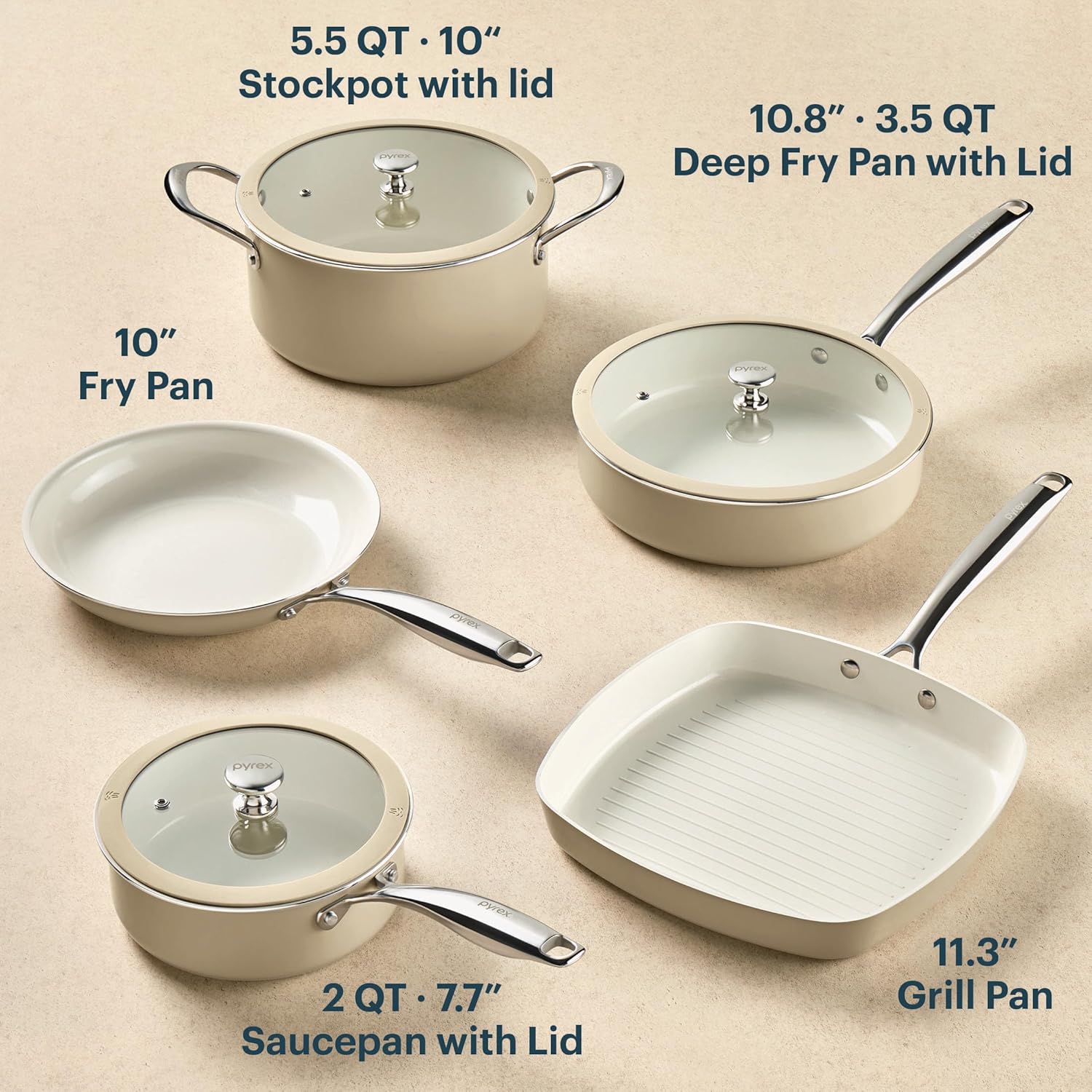Pyrex 8-Piece Ceramic Cookware Set, Pots and Pans with Lids & Stainless Steel Handles, Healthy Nonstick Ceramic Coating, Induction Compatible Stainless Steel, PFAS Lead Cadmium BPA Free