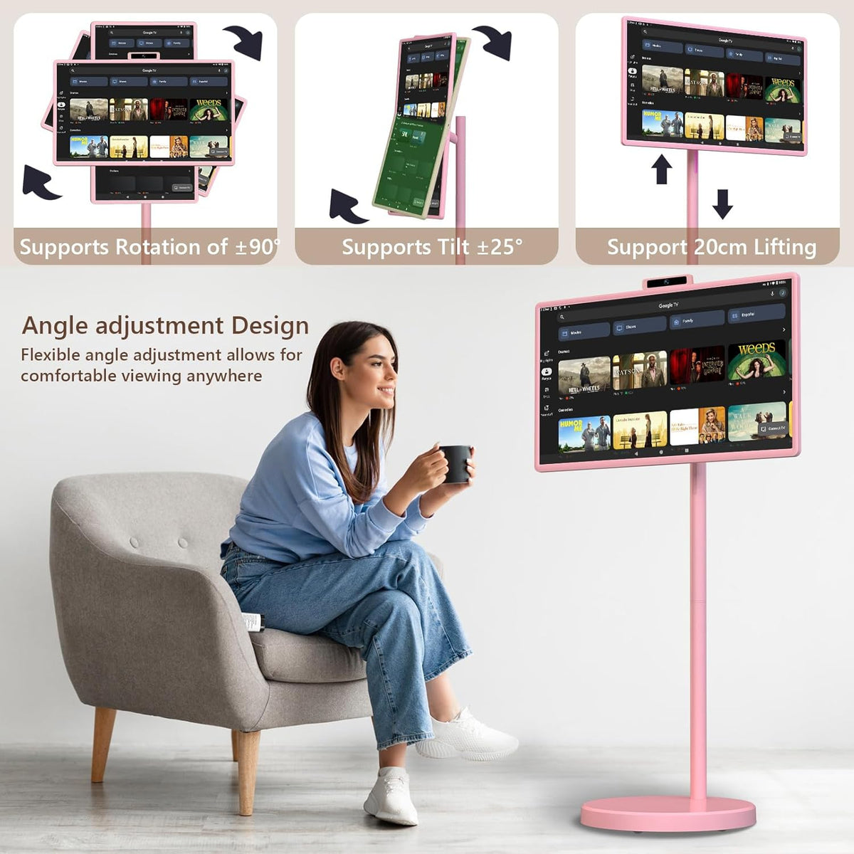 OFD 32" Portable TV on Wheels FHD,Android 15,EDLA-Certified,Rolling TV with 8+128GB ROM,Portable Touch Screen Monitor,Built-in Battery 6-8H Play Time,Voice Remote Control,8MP Webcam,Speaker,Rotatable