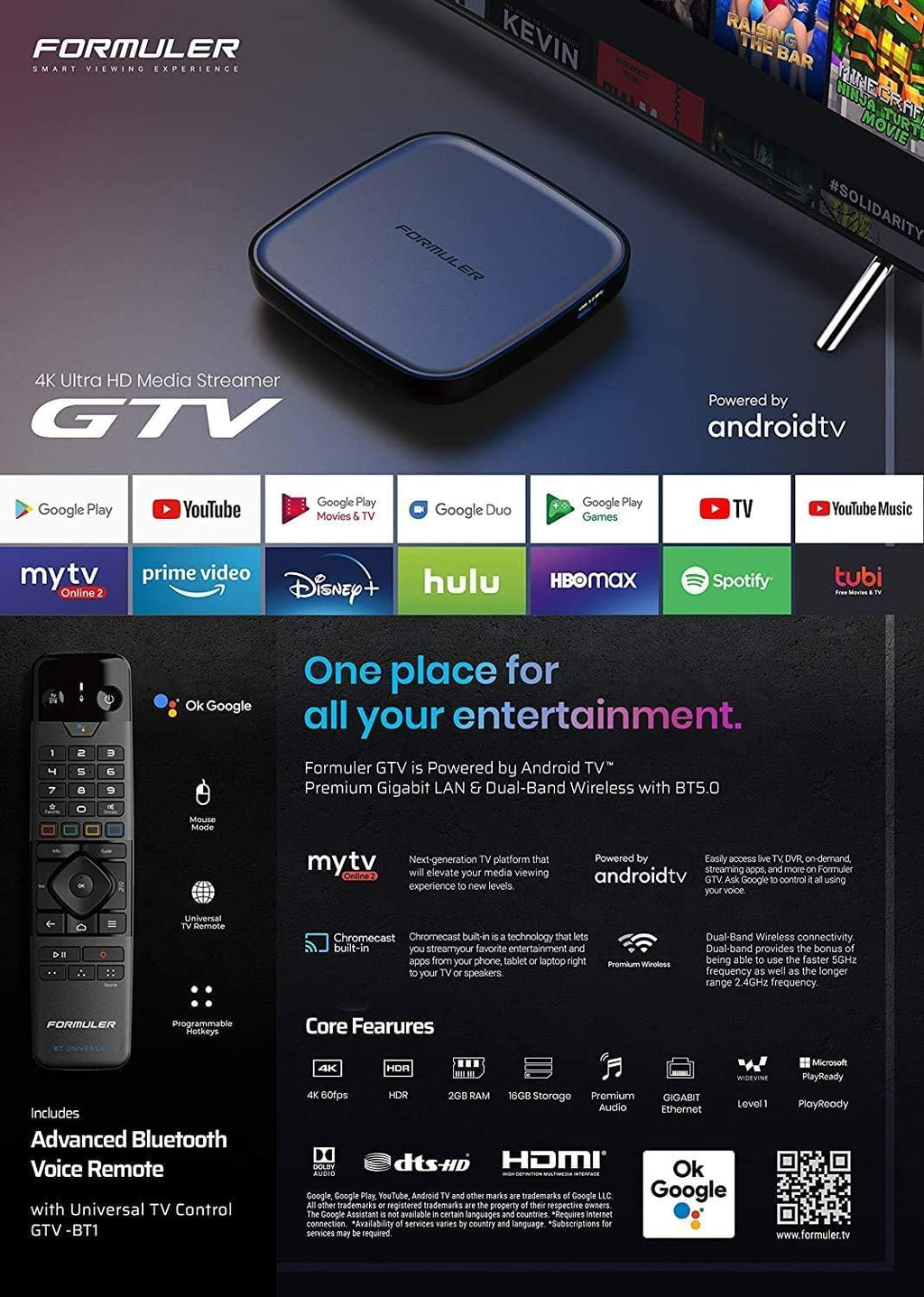 GTV 4K Media Streaming Box – Voice Remote, Dual-Band WiFi, 4K Ultra HD, Certified, Powerful Streaming Player
