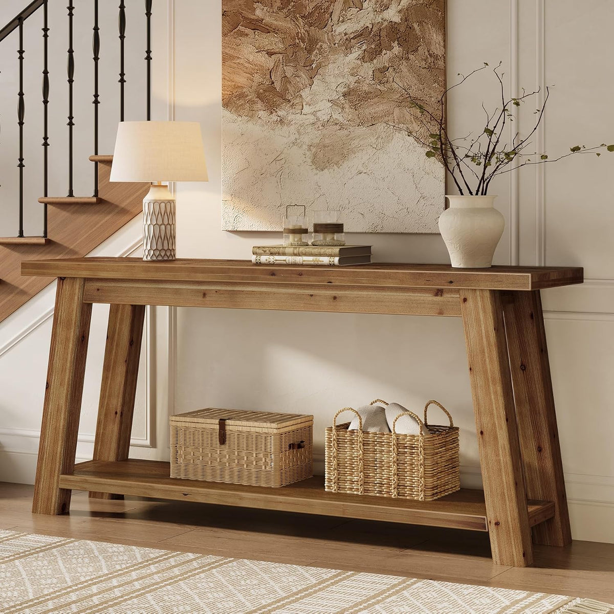 LITTLE TREE 70.9" Solid Wood Console Table for Entryway, 2-Tier Sofa Table Behind Couch, Farmhouse Entryway Table for Living Room, Bedroom, Foyer, Brown