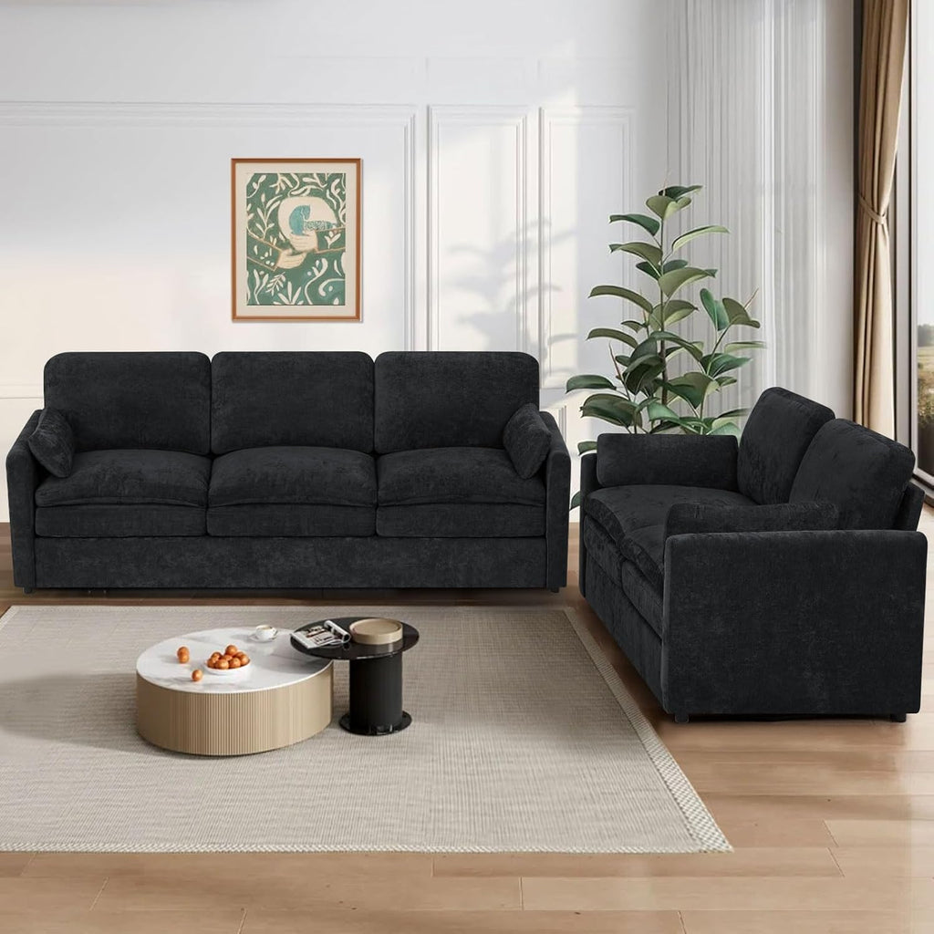 2 Pieces Chenille Sofa Set w/Two Throw Pillows, Upholstered Loveseat & 3 Seater Sofa w/Comfortable Back Cushions, Modern 2-Seat & 3-Seat w/High-Density Foam for Living Room, Apartment, Black