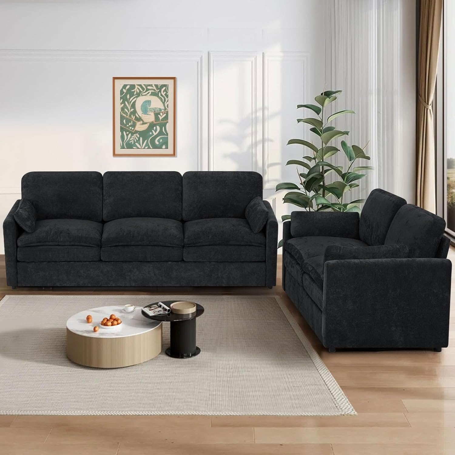 2 Pieces Chenille Sofa Set w/Two Throw Pillows, Upholstered Loveseat & 3 Seater Sofa w/Comfortable Back Cushions, Modern 2-Seat & 3-Seat w/High-Density Foam for Living Room, Apartment, Black