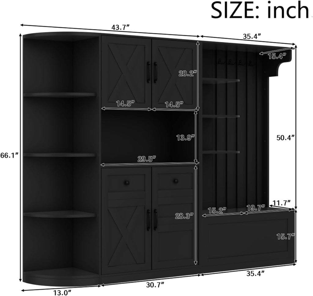 Multifunctional Left-Right Combination Hall Cabinet, Hall Tree with Storage and 4 Hooks, Storage Cabinet for Living Room, Kitchen and Hallway, Black