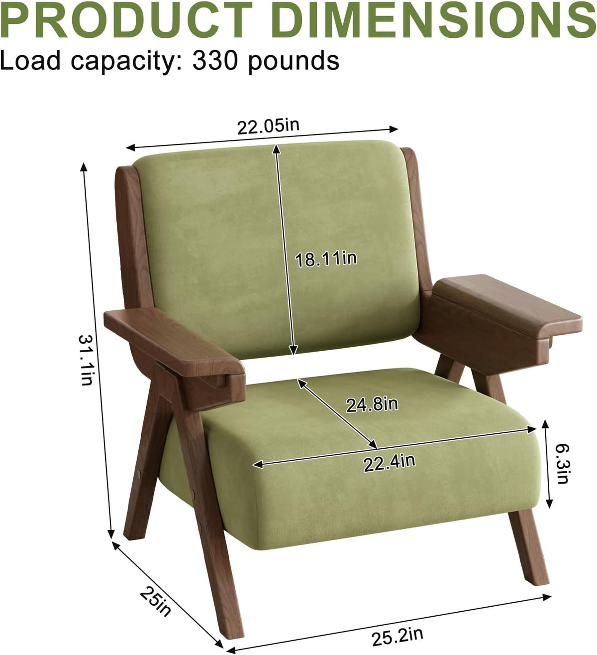 Accent Chair Set of 2, Mid Century Modern Chair, Velvet Upholstered Lounge Arm Chair with Solid Wood, Cozy Seating for Living Room, Bedroom, Balcony (Green)