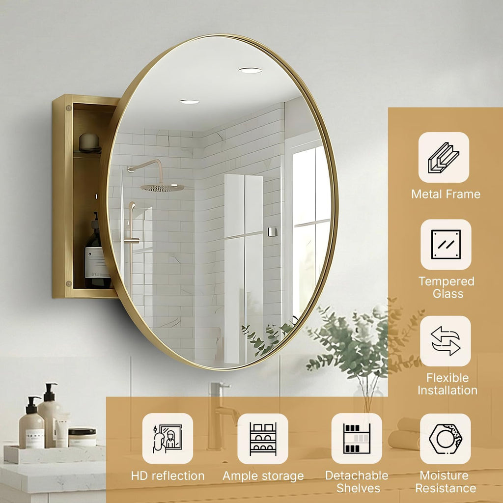 HOUSE REFLECTION 28 Inch Round Medicine Cabinets for Bathroom – Metal Frame, Adjustable Glass Shelves, HD Distortion Free Mirror Glass, Rust Resistant & Moisture-Proof, Mirrored Cabinet Door,Gold