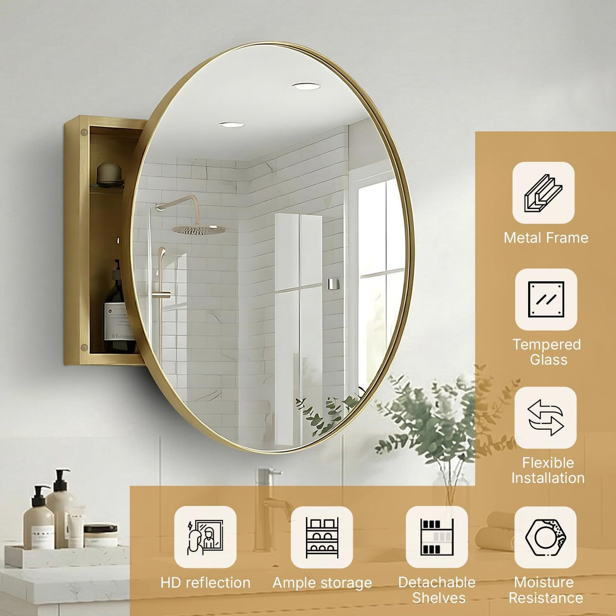 HOUSE REFLECTION 28 Inch Round Medicine Cabinets for Bathroom – Metal Frame, Adjustable Glass Shelves, HD Distortion Free Mirror Glass, Rust Resistant & Moisture-Proof, Mirrored Cabinet Door,Gold