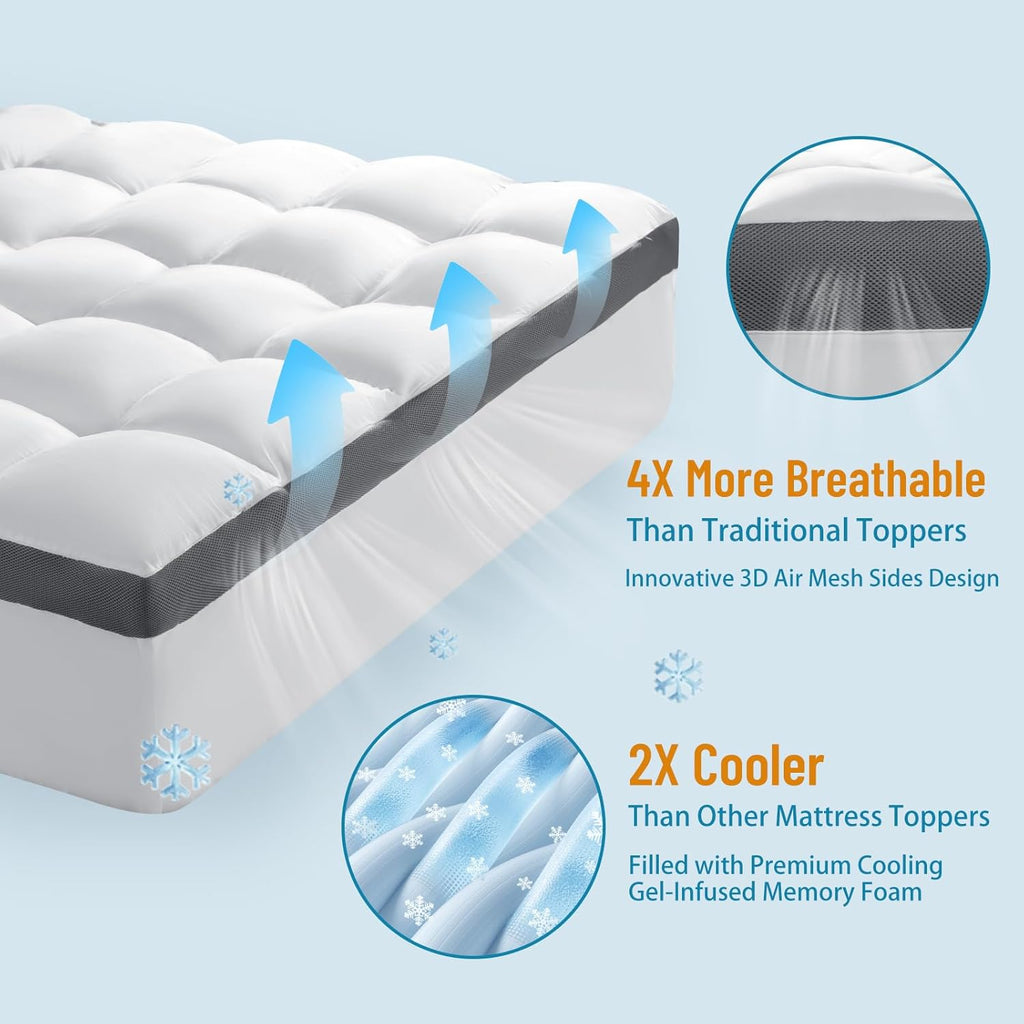 4 Inch Memory Foam Mattress Topper, Cooling Extra Thick 2000 GSM Pillow Top Mattress Pad for Back Pain Relief,Soft Breathable Mattress Cover for Fluffy Shredded Memory Foam Filled (Queen, 60"x80")