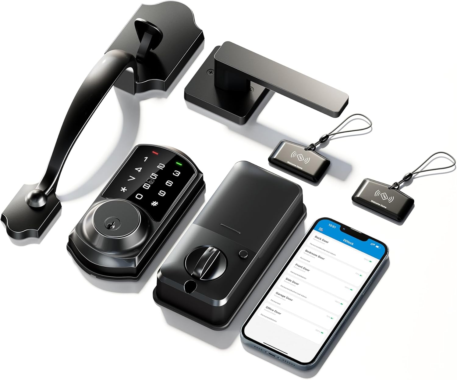 Veise VE06-H Smart Front Door Lock Set, App Control, Keyless Entry Deadbolt with Lever Handle, Electronic Digital Touchscreen Keypad, Auto Lock, Easy Install, Matte Black